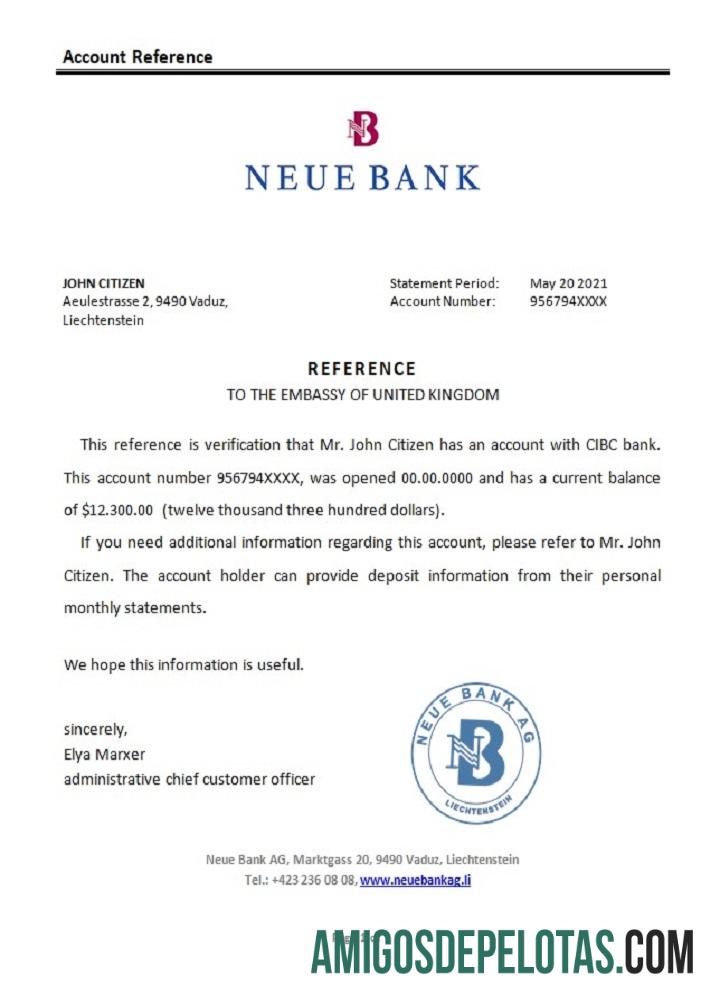 Referência do Novo Banco do Liechtenstein exemplo real